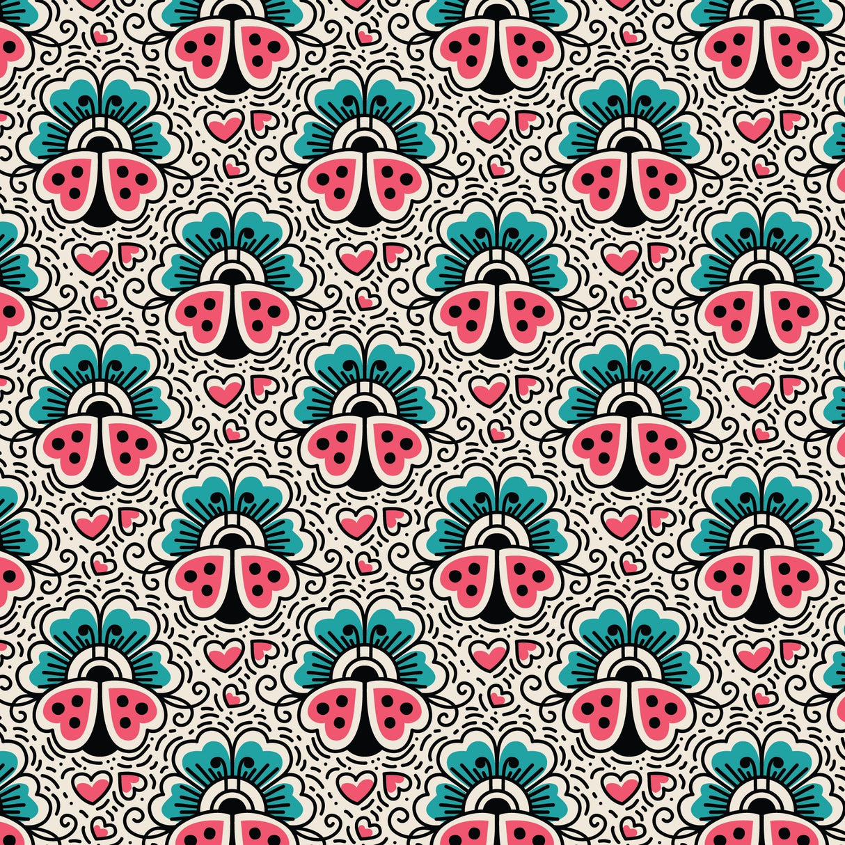 Cotton Ladybugs and Flowers Print Fabric 44/45"