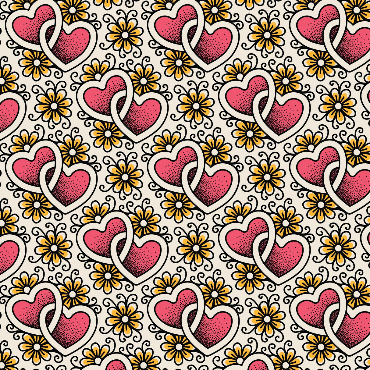 Cotton Print Joined Hearts Love Ink Fabric 44/45"