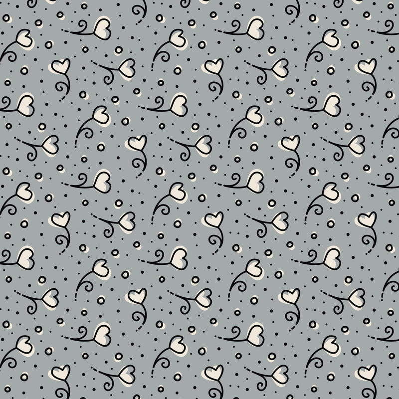 Cotton Print Gray Heart Blossoms Love Ink 3384 Fabric