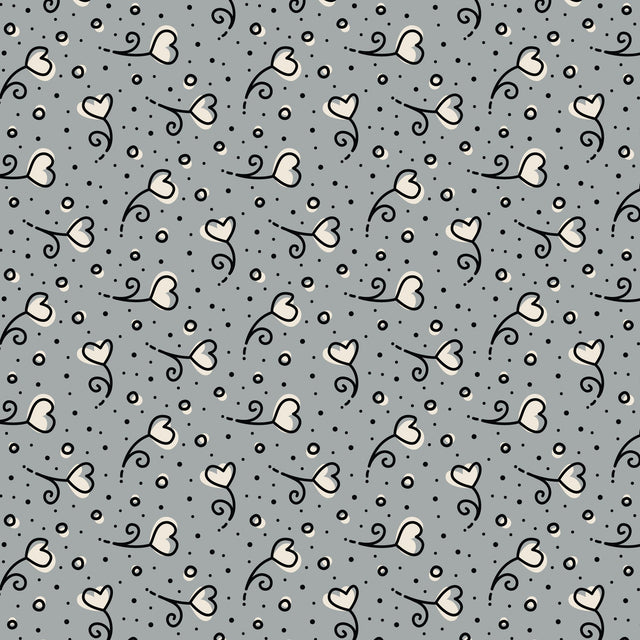Cotton Print Gray Heart Blossoms Love Ink 3384 Fabric