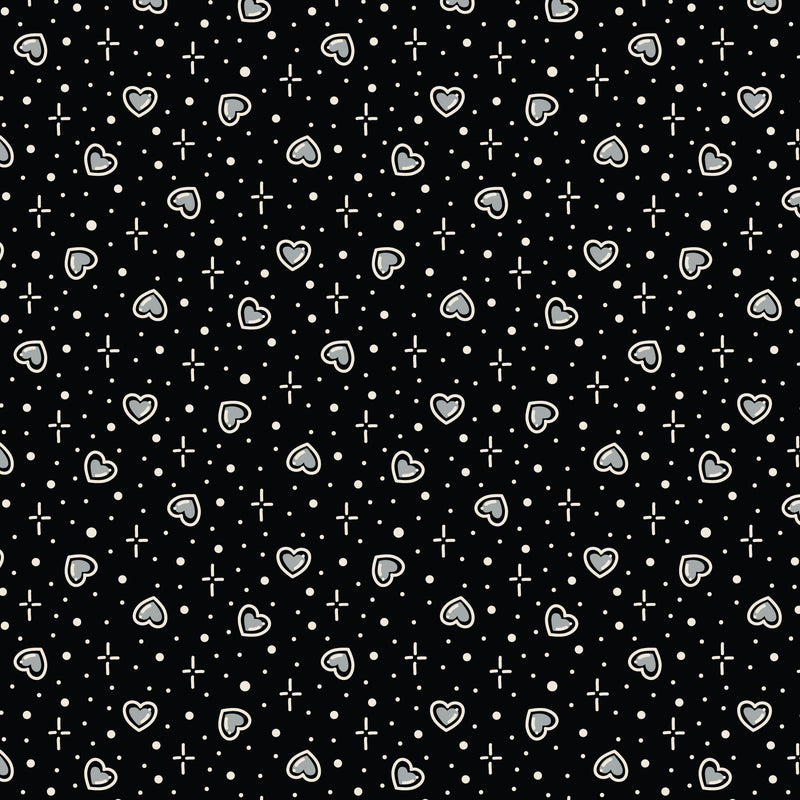 Cotton Print Black Hearts Love Ink 3388 Fabric