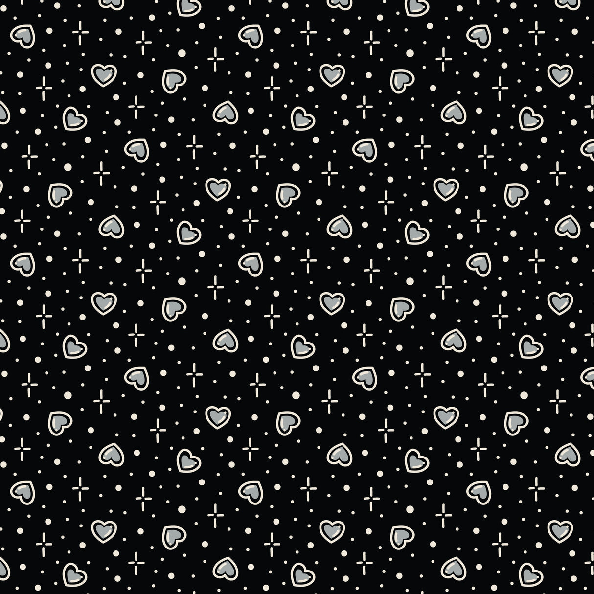 Cotton Print Black Hearts Love Ink 3388 Fabric
