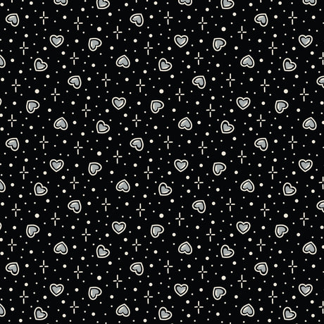 Cotton Print Black Hearts Love Ink 3388 Fabric