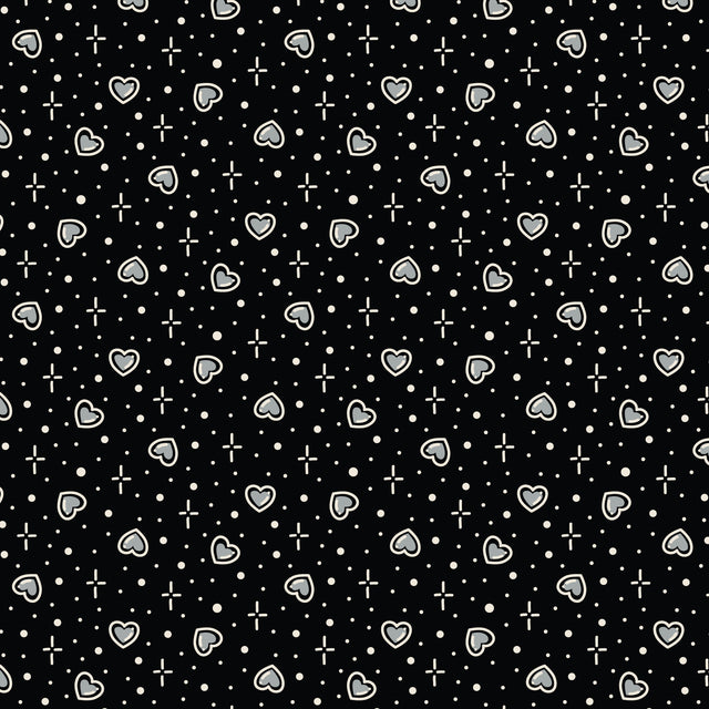Cotton Print Black Hearts Love Ink 3388 Fabric
