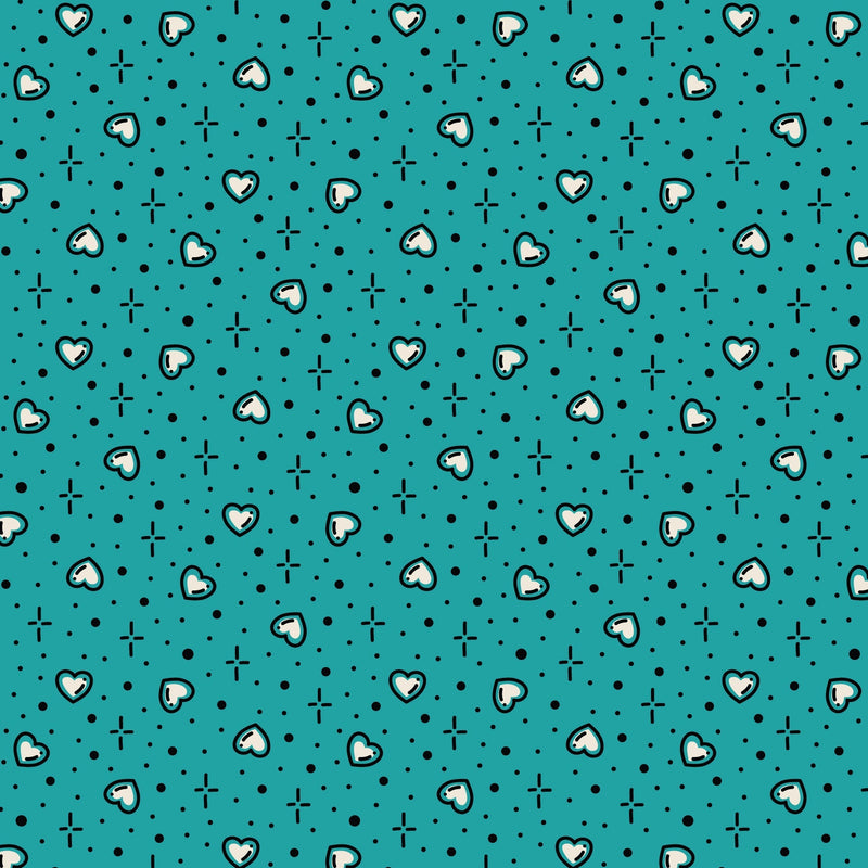 Cotton Print Teal Hearts Love Ink Fabric 44/45"
