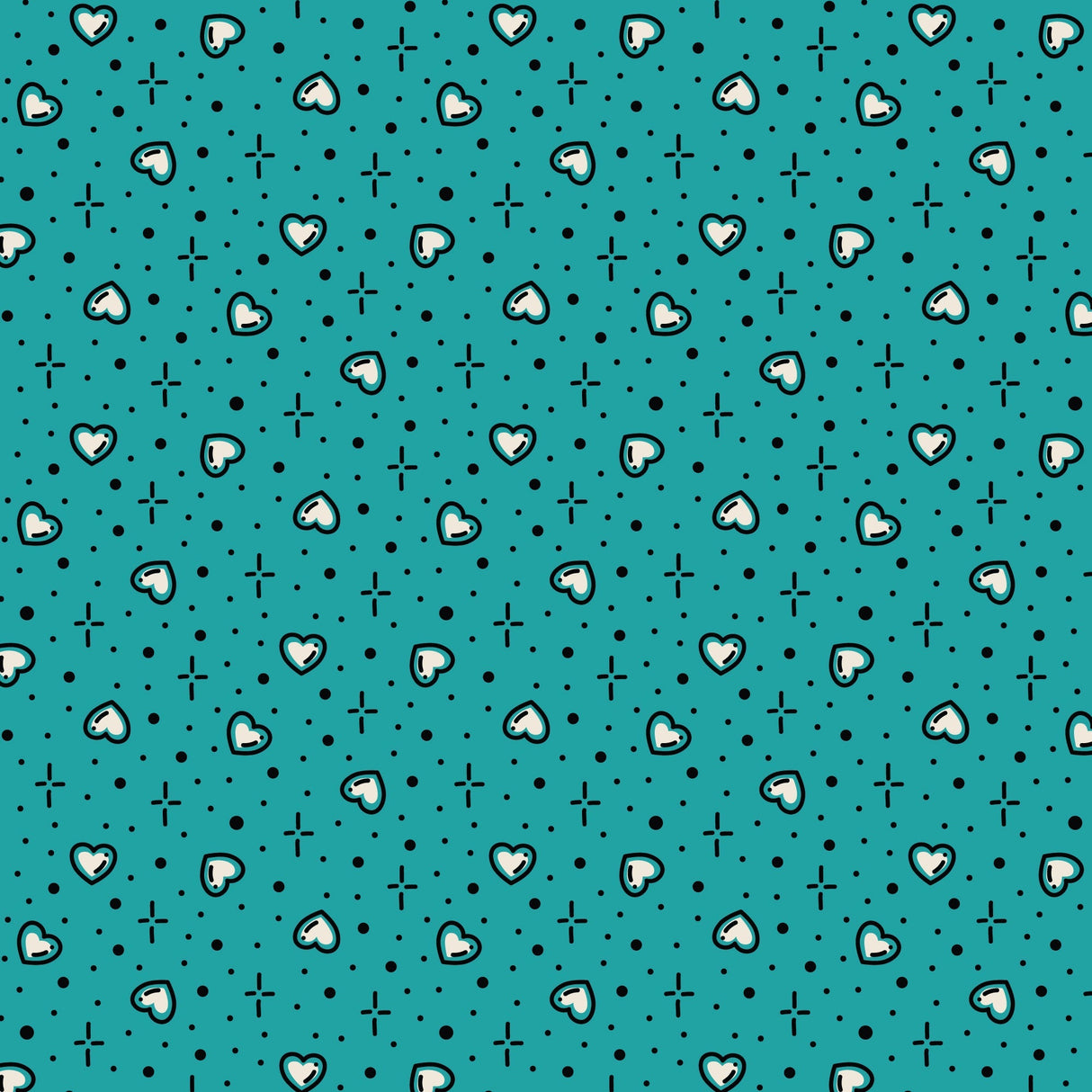 Cotton Print Teal Hearts Love Ink Fabric 44/45"