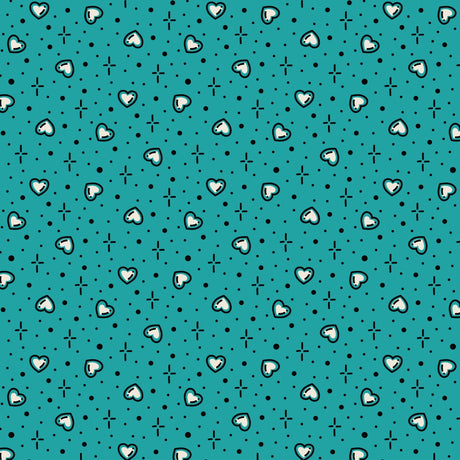Cotton Print Teal Hearts Love Ink Fabric 44/45"