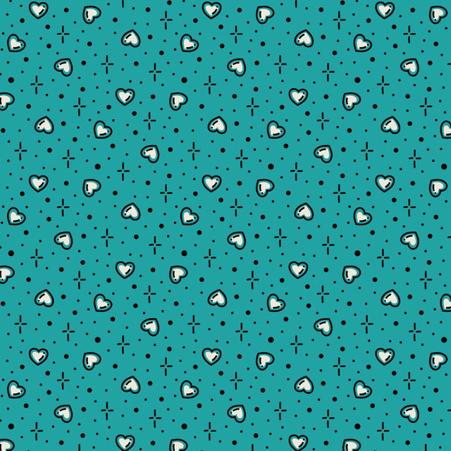 Cotton Print Teal Hearts Love Ink Fabric 44/45"