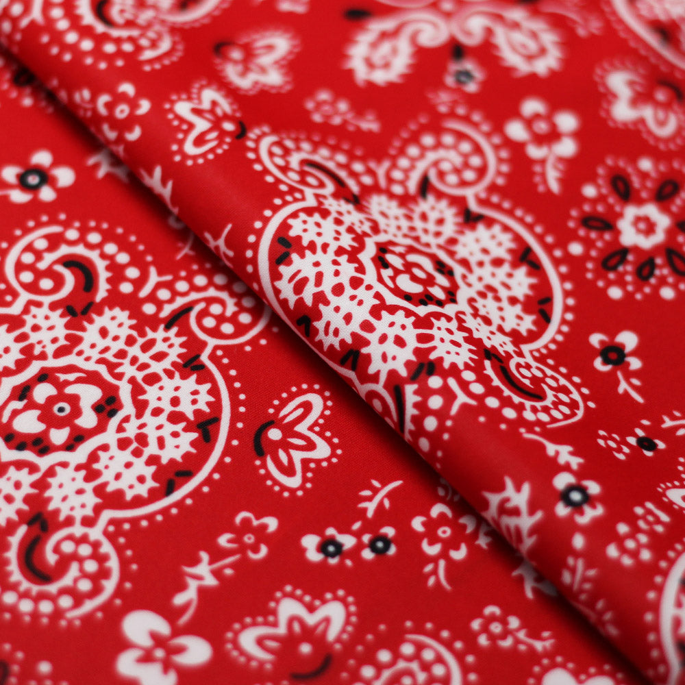 Bandana Poly Spandex Fabric - Beige/Red Paisley, 58/60" Width (1 Yard)