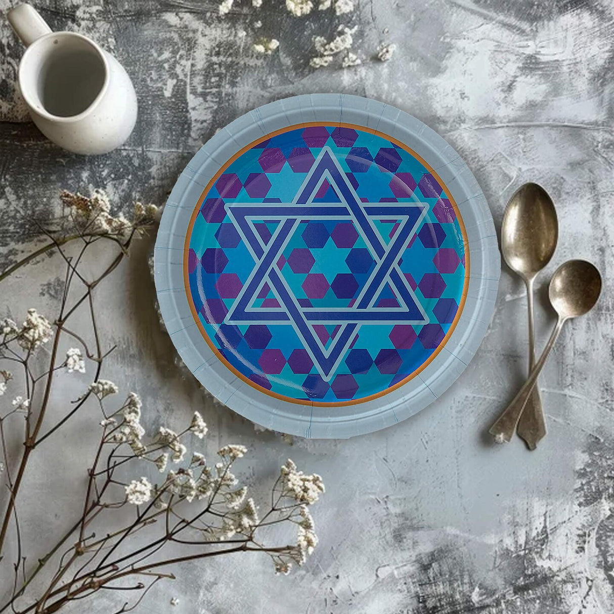 8 Count Star of David Paper Dessert Plates Light Blue Trim 7 Inch