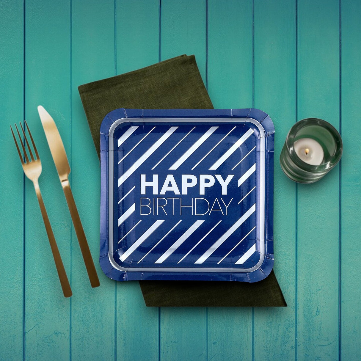 8 Count Happy Birthday Blue & Silver Square Paper Dinner Plates 9.25" Stylish Disposable Party Plates