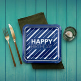 8 Count Happy Birthday Blue & Silver Square Paper Dinner Plates 9.25" Stylish Disposable Party Plates