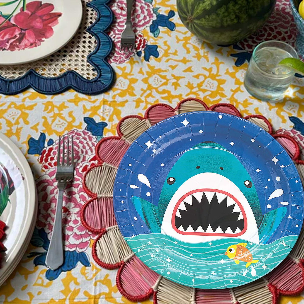 8 Count Shark Party Paper Dinner Plates 9" Ocean Theme Disposable Plates for Kids Birthday & Pool Parties