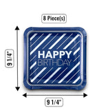8 Count Happy Birthday Blue & Silver Square Paper Dinner Plates 9.25" Stylish Disposable Party Plates