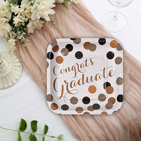 8 Count Black and Gold Graduation Party Congrats Graduate Square Paper Dessert Plates 7 Inch