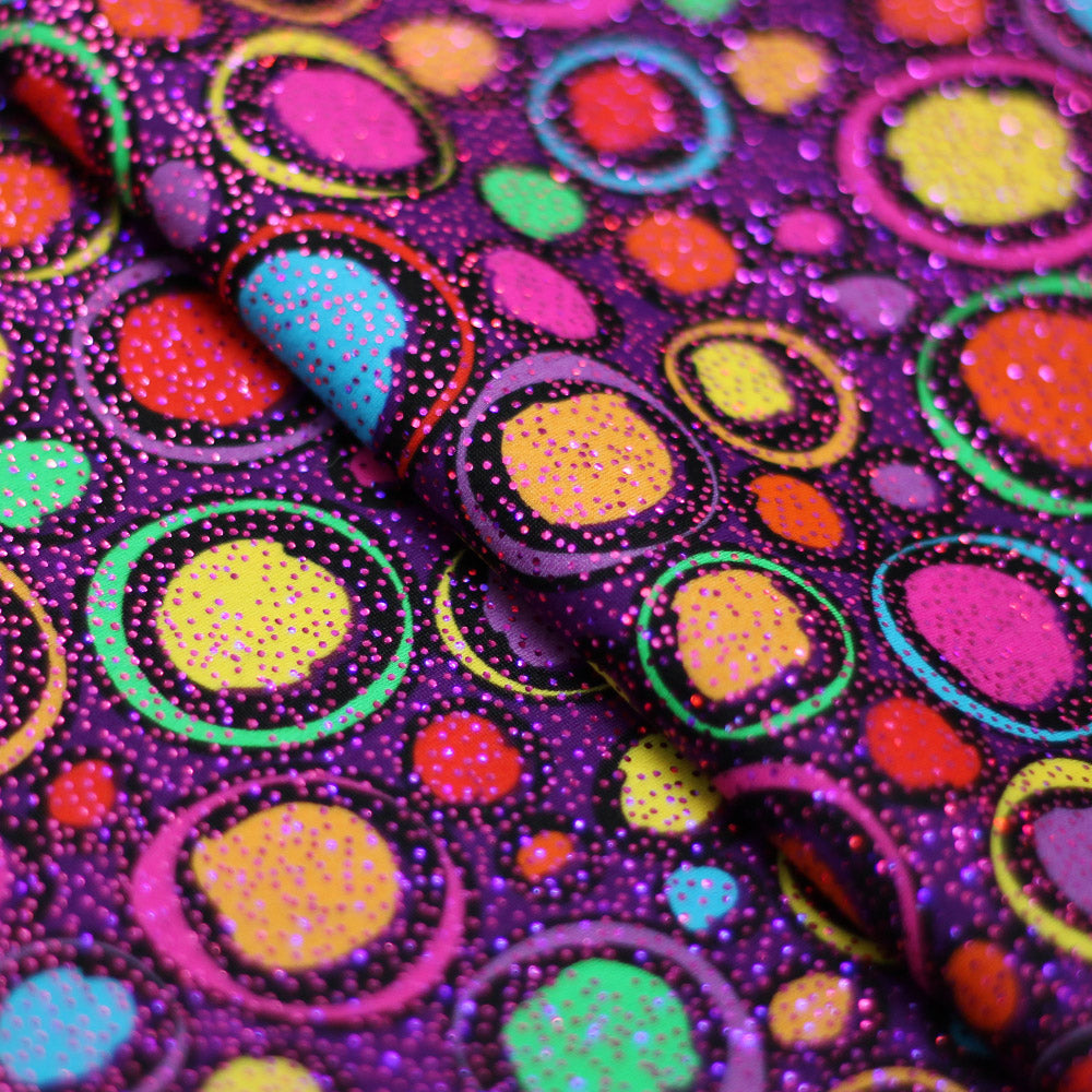 Exotic Dots Nylon Spandex Fabric - Multi-Color Dots On Purple, 58-60" Width (1 Yard)