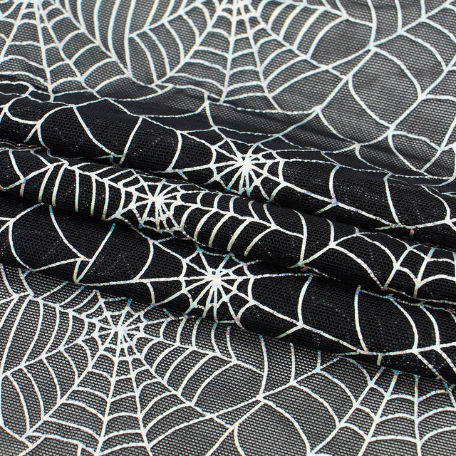 Spiderweb Foiled Mesh Spandex Fabric - Black/Silver, 56/58" Width (1 Yard)