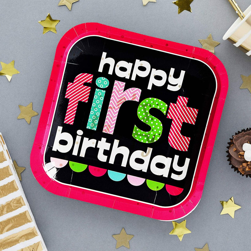 8 Ct. Pink Chalkboard 1st Birthday Dessert Plates Square 7"