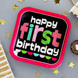 8 Ct. Pink Chalkboard 1st Birthday Dessert Plates Square 7"