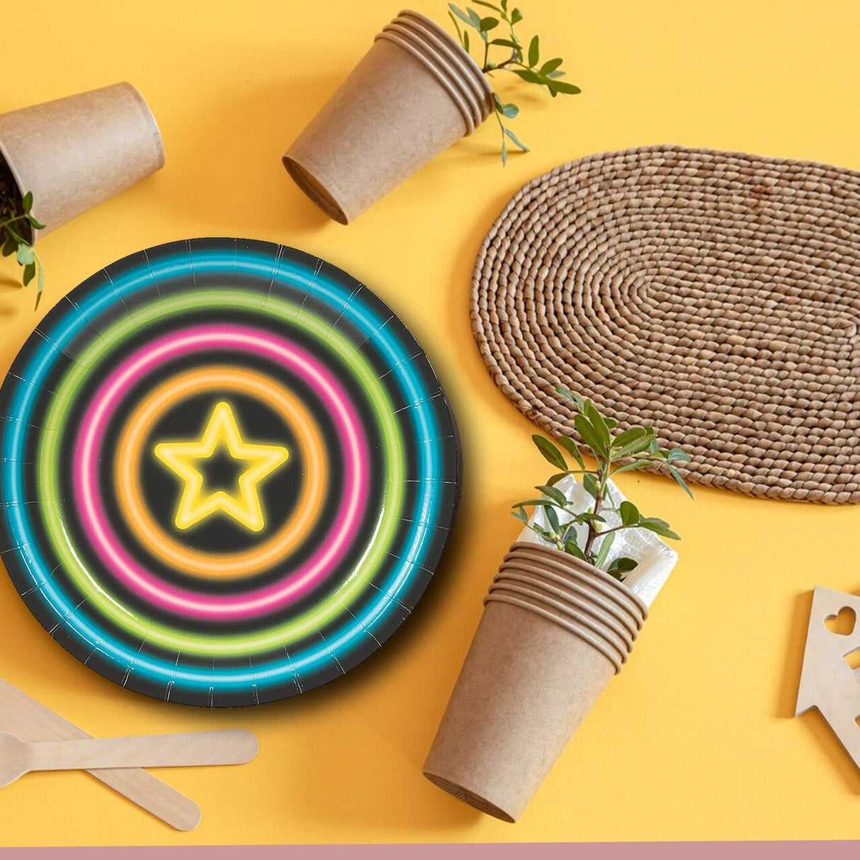 8 Ct. 7" Neon Glow Party Paper Dessert Plates Star Design with Vibrant Neon Colors on Black Background, Disposable Birthday Plates