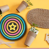 8 Ct. 7" Neon Glow Party Paper Dessert Plates Star Design with Vibrant Neon Colors on Black Background, Disposable Birthday Plates
