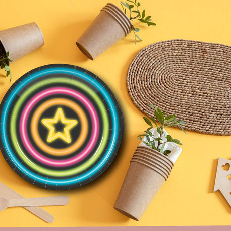 8 Ct. 7" Neon Glow Party Paper Dessert Plates Star Design with Vibrant Neon Colors on Black Background, Disposable Birthday Plates