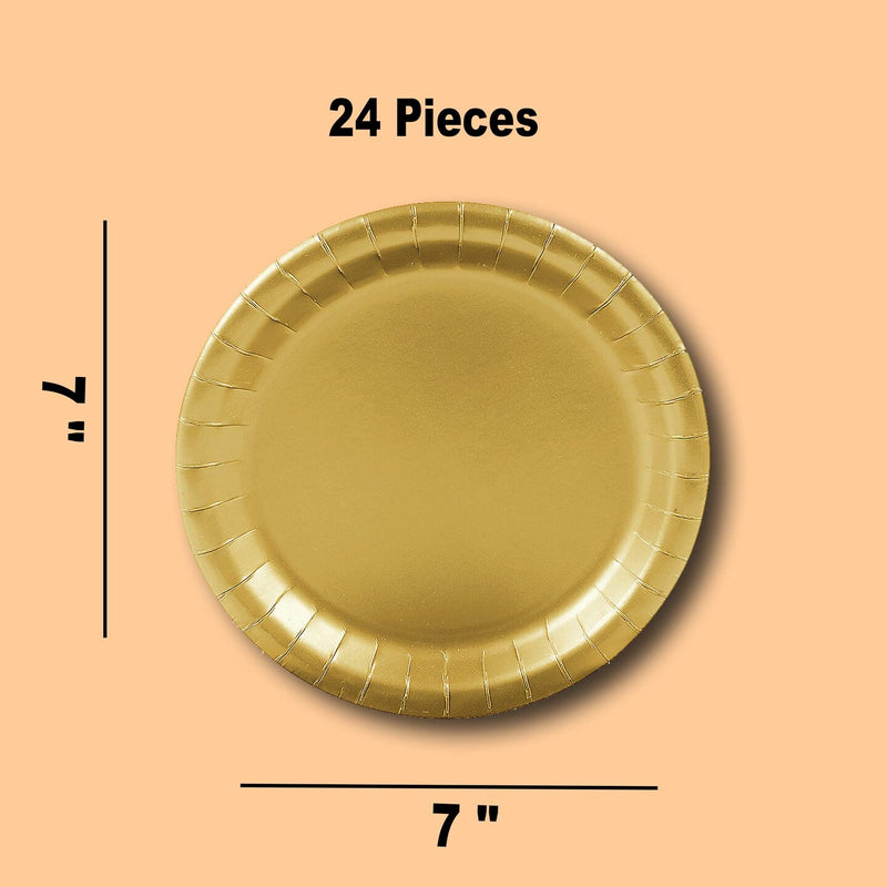24 Count Metallic Gold Paper Plates 7" Round Dessert Plates for Elegant Events