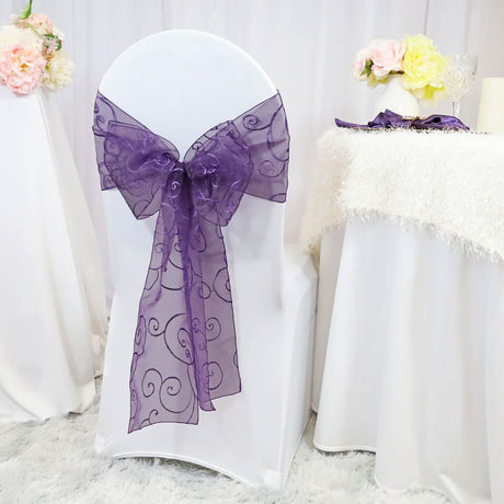 10 Pieces Eggplant Embroidered Organza Chair Sashes Elegant Purple Event Chair Decor 8"x108"