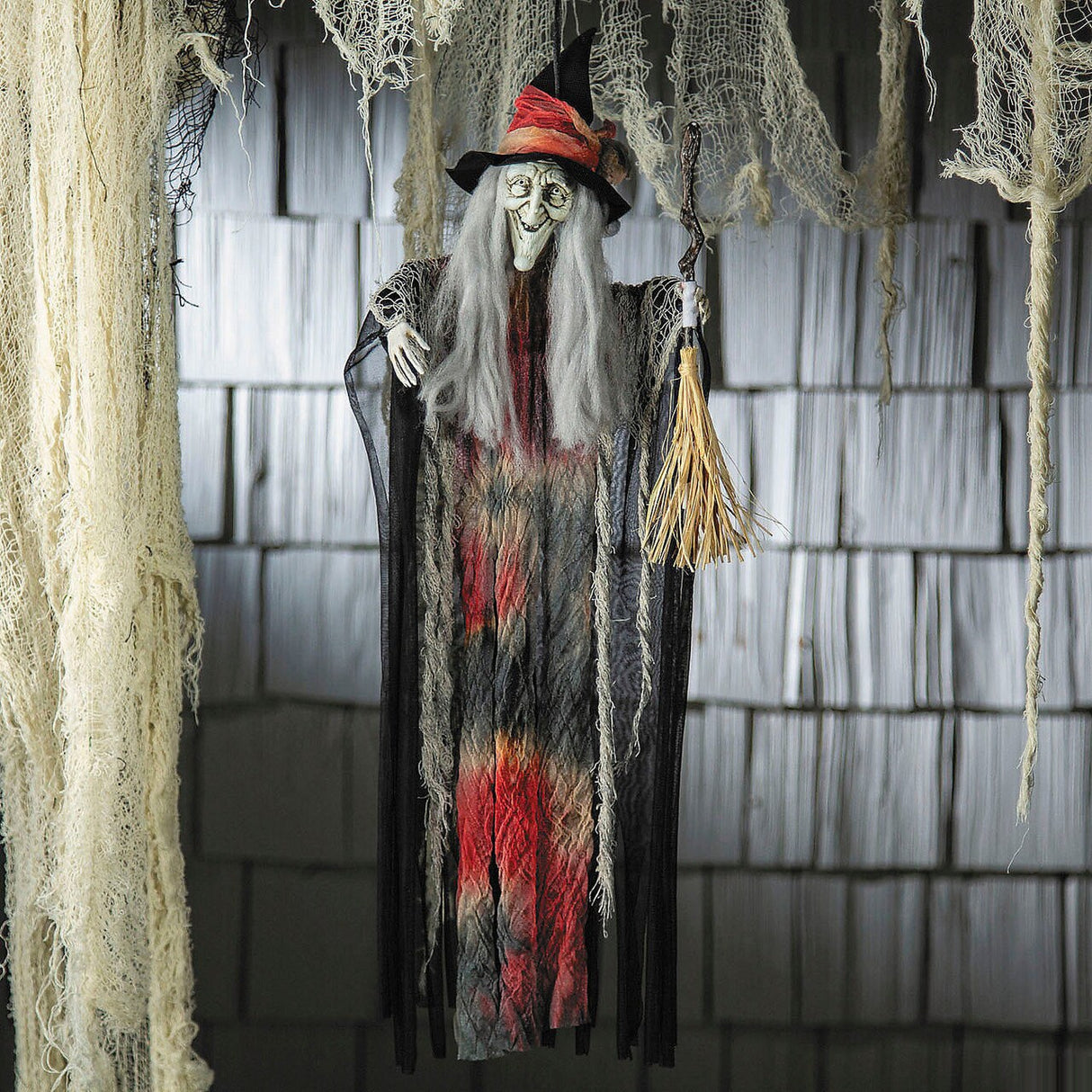 27 1/2" Hanging Witch with Hat and Broom Halloween Decoration