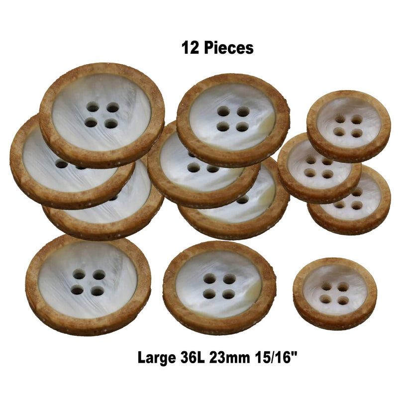 12 Large Faux Shell Buttons with Faux Wood Edge 23mm (15/16") Four-Hole Plastic Shirt Buttons