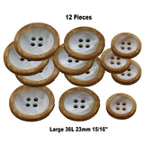 12 Large Faux Shell Buttons with Faux Wood Edge 23mm (15/16") Four-Hole Plastic Shirt Buttons
