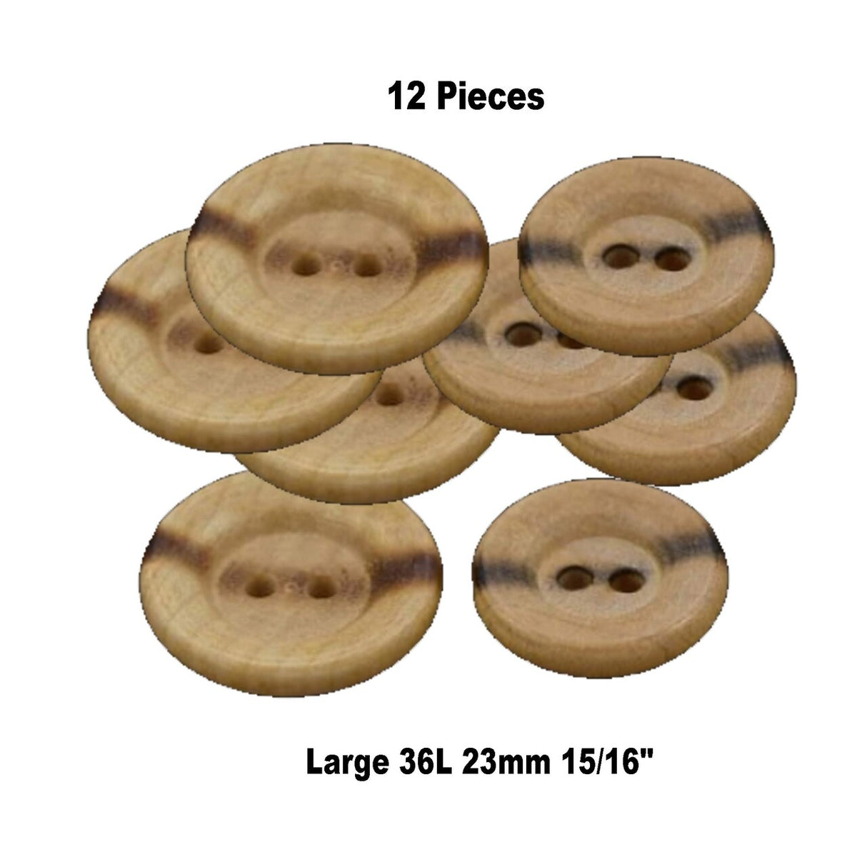 12 Wooden Burnt Center Flat Buttons Two-Hole Wood Shop, 23mm (15/16") Large Size