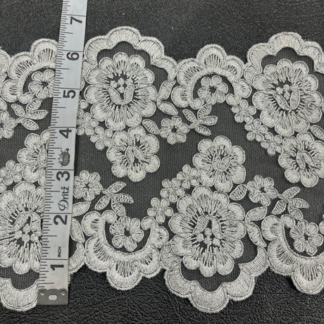 Corded Double Sided Lace Trimming Polyester Fabric - Embroidered Net Mesh, 6.5" Width (1 Yard)