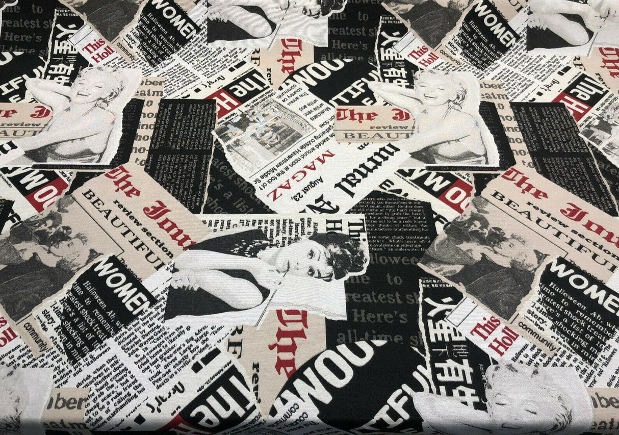 Beautiful Woman Audrey Hepburn Print Fabric - Black, White, Red, Sepia, 56" Width (1 Yard)