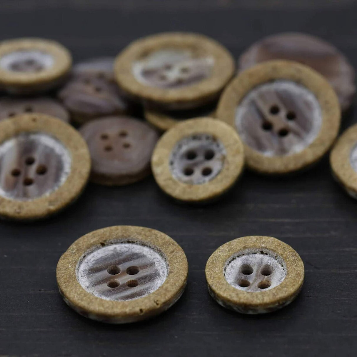 12 Small Faux Wood Plastic Buttons – 24L (15mm / 5/8") Sanded Four-Hole Multipurpose Buttons