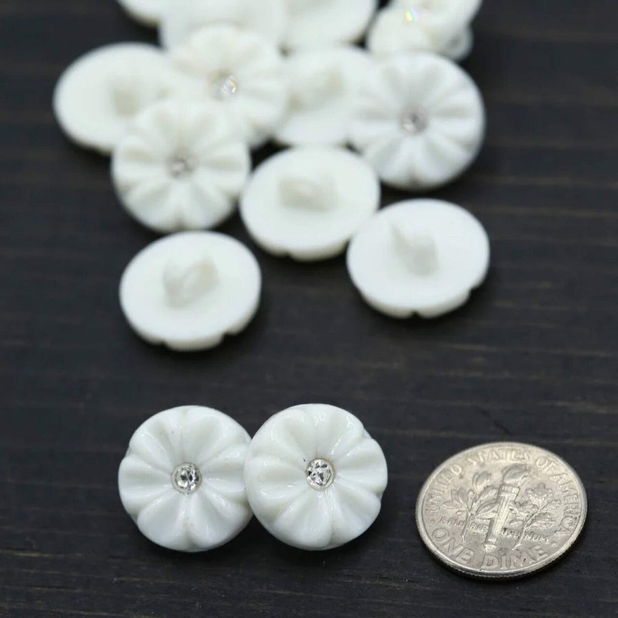 12 Pc White Flower Rhinestone Shank Buttons for Crafts and Sewing