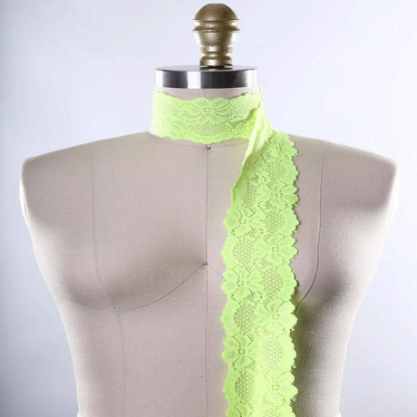 2 Yards Neon Green Stretch Lace 2.5" Wide Hand-Dyed Floral Elastic Trim for Lingerie & Crafts
