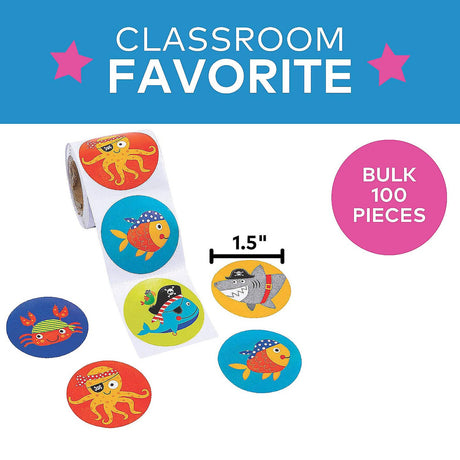 Assorted Pirate Animals Sticker Roll 100 Pieces