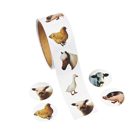 1 1/2" Realistic Farm Animal Photo Paper Sticker Roll 100 Pc