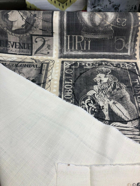 Postale Postage Royal Penny Cotton Fabric - Gray Beige Black, 56" Width, Vertical 24" Repeat (1 Yard)
