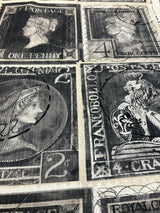 Postale Postage Royal Penny Cotton Fabric - Gray Beige Black, 56" Width, Vertical 24" Repeat (1 Yard)