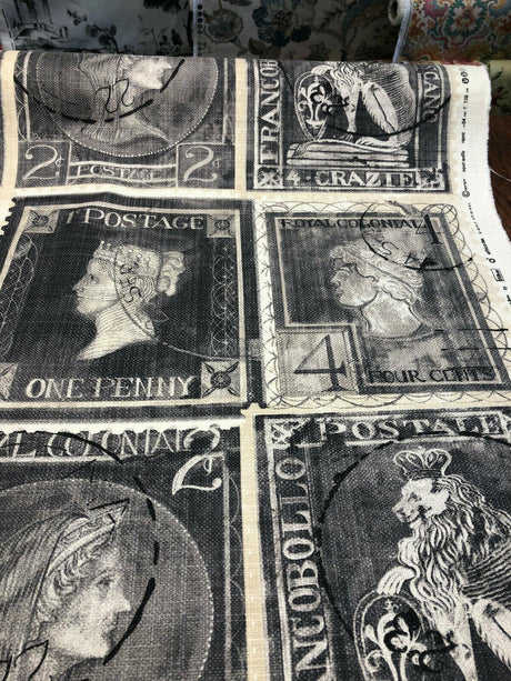 Postale Postage Royal Penny Cotton Fabric - Gray Beige Black, 56" Width, Vertical 24" Repeat (1 Yard)