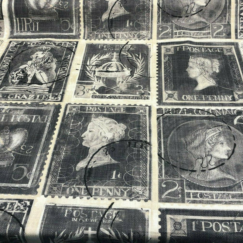 Postale Postage Royal Penny Cotton Fabric - Gray Beige Black, 56" Width, Vertical 24" Repeat (1 Yard)