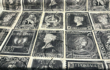 Postale Postage Royal Penny Cotton Fabric - Gray Beige Black, 56" Width, Vertical 24" Repeat (1 Yard)