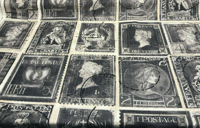 Postale Postage Royal Penny Cotton Fabric - Gray Beige Black, 56" Width, Vertical 24" Repeat (1 Yard)