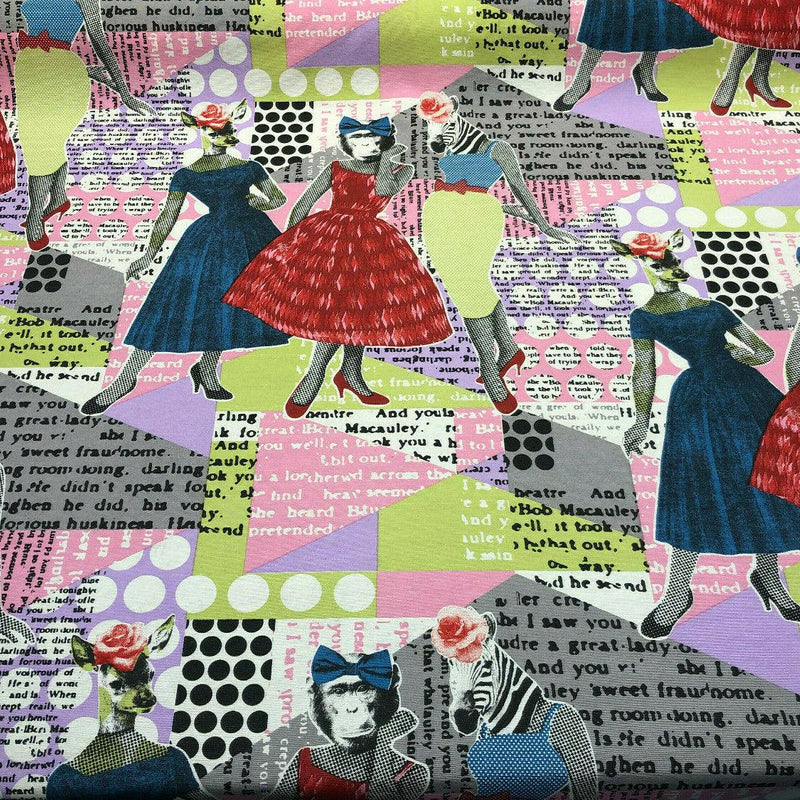 Lolitas Monkey Zebra Giraffe In A Dress Cotton Polyester Canvas Fabric - Multi Color Animal Print, 54" Width, 26" Vertical Repeat (1 Yard)