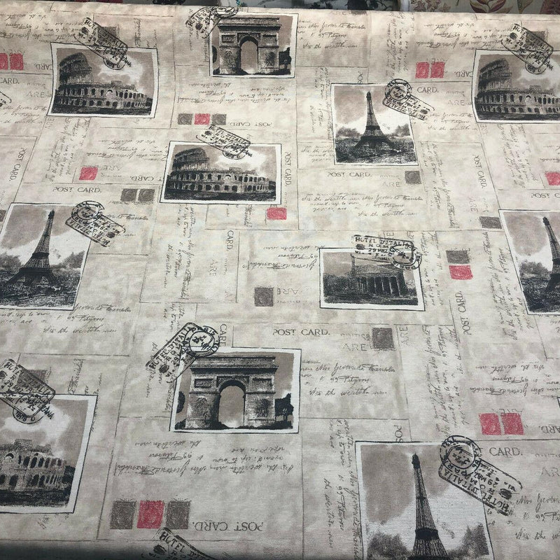 Postcard Paris Eiffel Tower Travel Rome Italy Cotton Polyester Print Fabric - Paris Postcard, Vintage Landmarks, Taupe Beige Cherry, 54" Width (1 Yard)