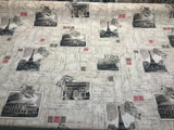 Postcard Paris Eiffel Tower Travel Rome Italy Cotton Polyester Print Fabric - Paris Postcard, Vintage Landmarks, Taupe Beige Cherry, 54" Width (1 Yard)