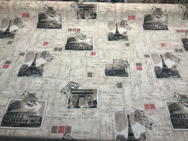 Postcard Paris Eiffel Tower Travel Rome Italy Cotton Polyester Print Fabric - Paris Postcard, Vintage Landmarks, Taupe Beige Cherry, 54" Width (1 Yard)