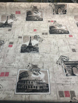Postcard Paris Eiffel Tower Travel Rome Italy Cotton Polyester Print Fabric - Paris Postcard, Vintage Landmarks, Taupe Beige Cherry, 54" Width (1 Yard)